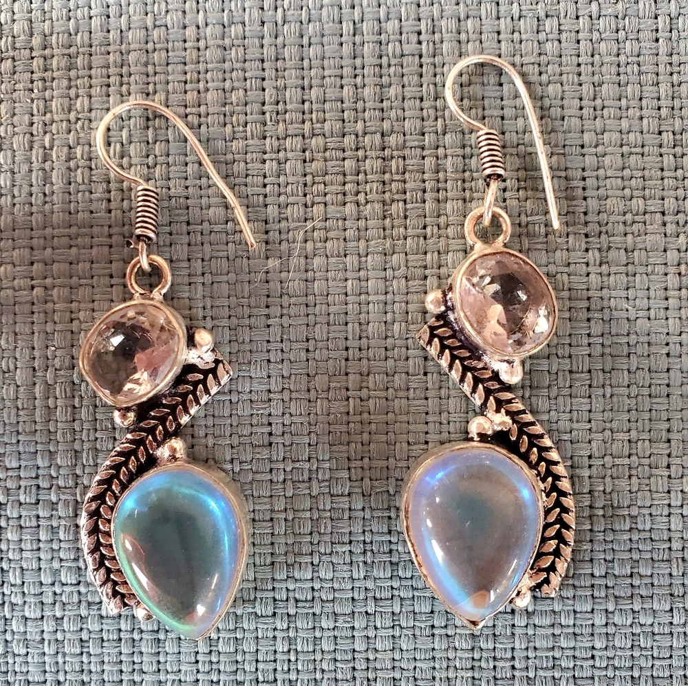 New Rainbow Fire Topaz & White Topaz 925 Silver Earrings.